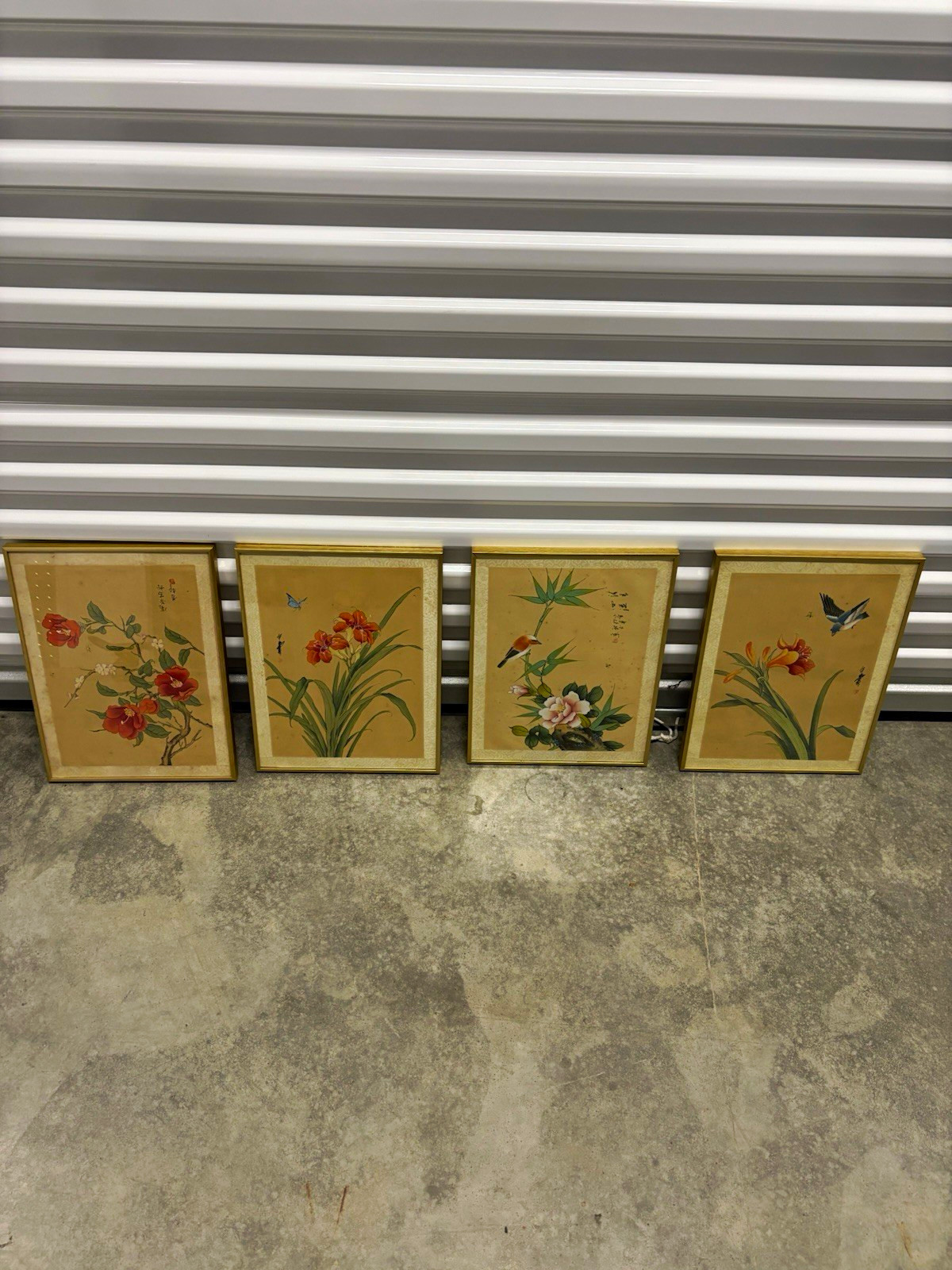Set of 4 Framed Chinese Silk Floral & Bird Art Prints with Calligraphy