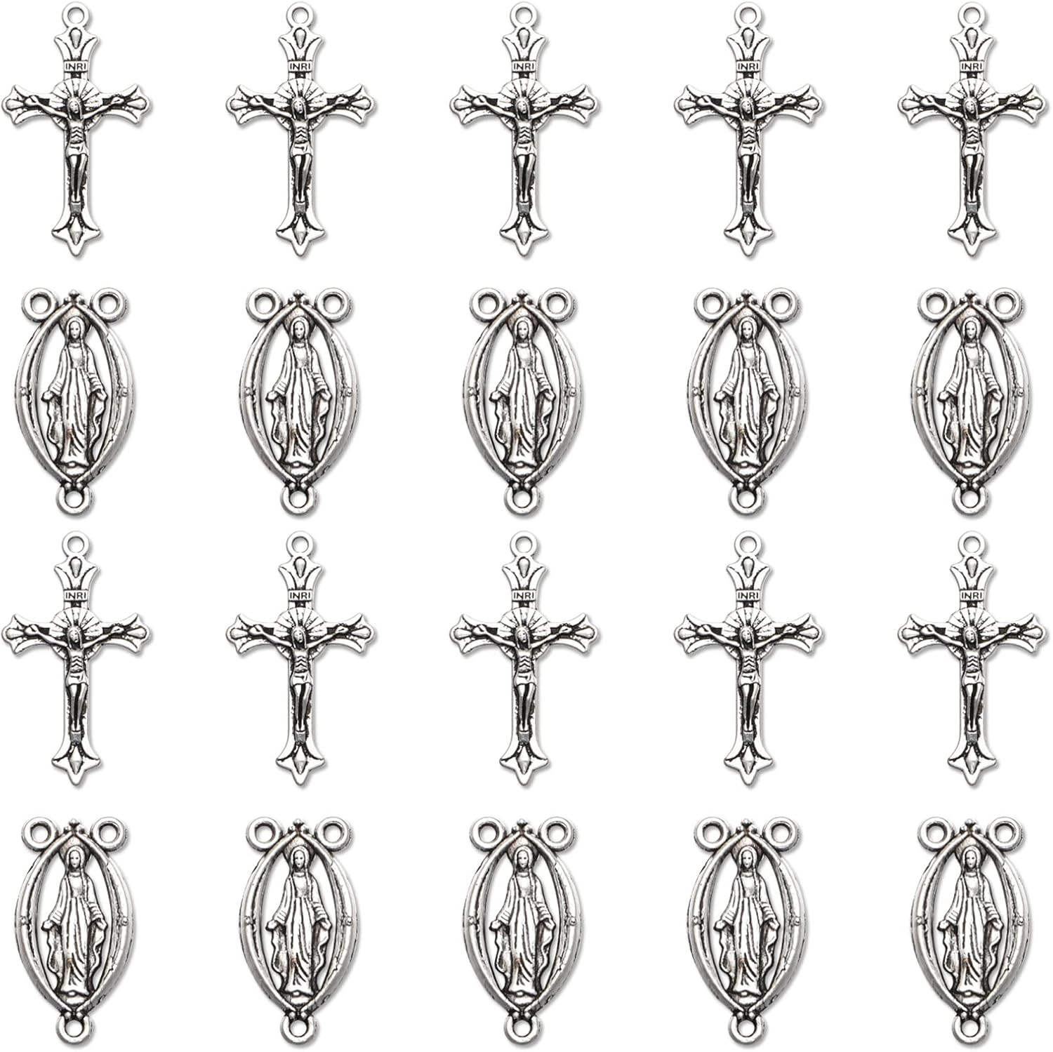 30Pcs/15Sets Alloy Rosary Kits Cross and Center Medal Charms Oval Catholic Jesus