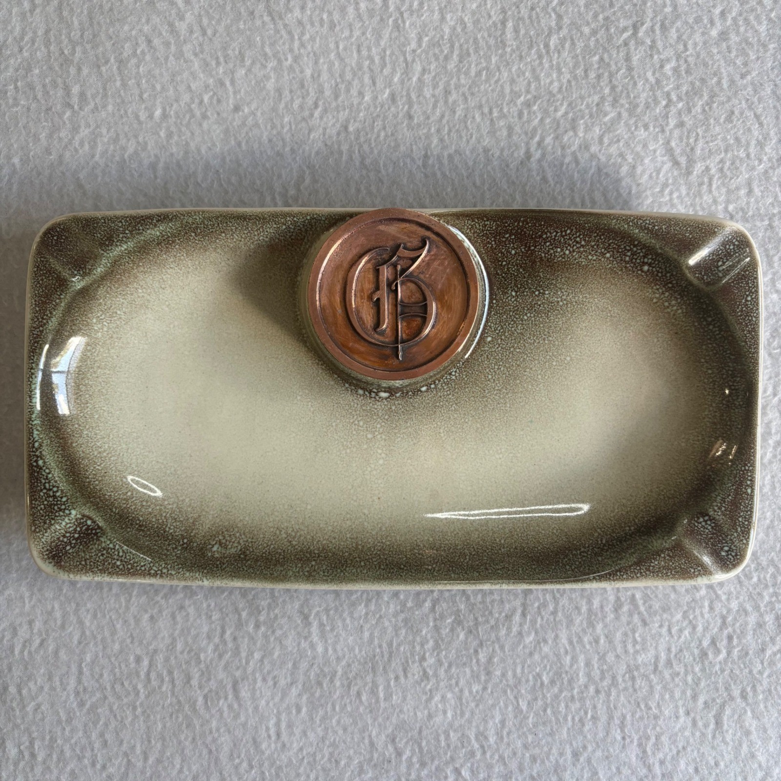 Vintage The Hyde Park No 1935 Ceramic Ashtray Green Cream Drip Glaze USA Made