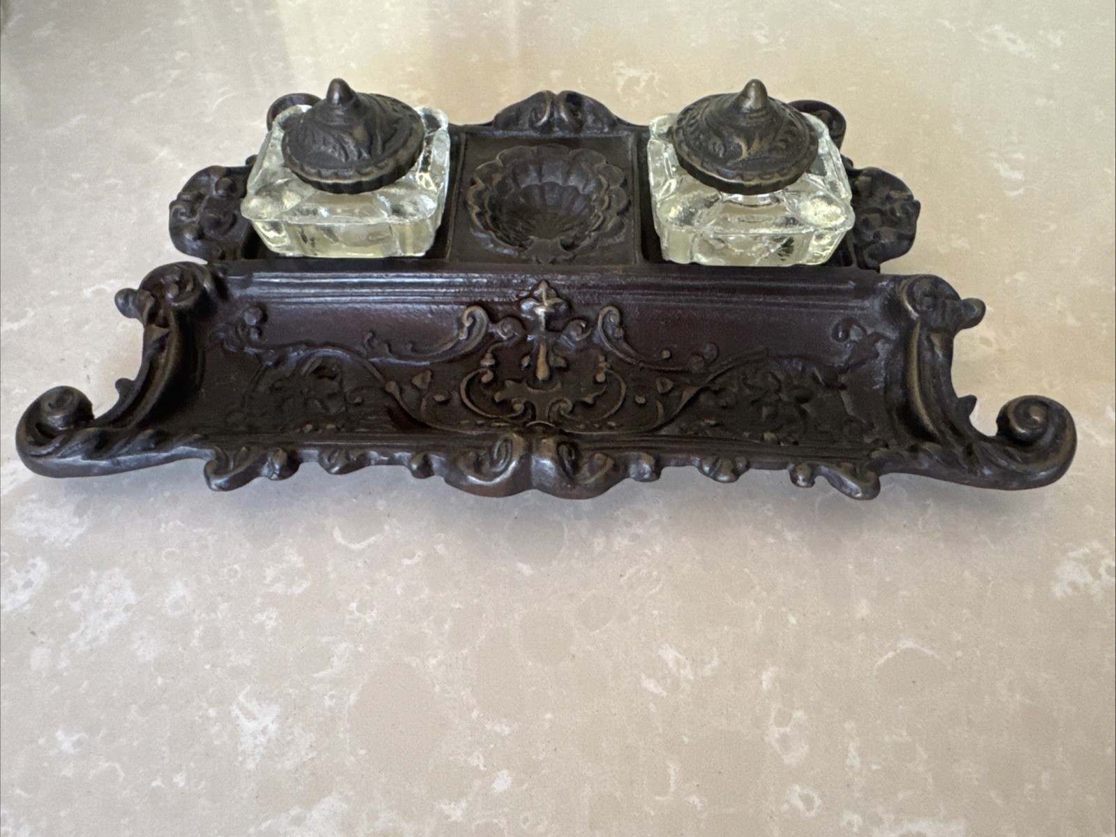 Vintage Brass Double Inkwell Desktop Ink Desk Set