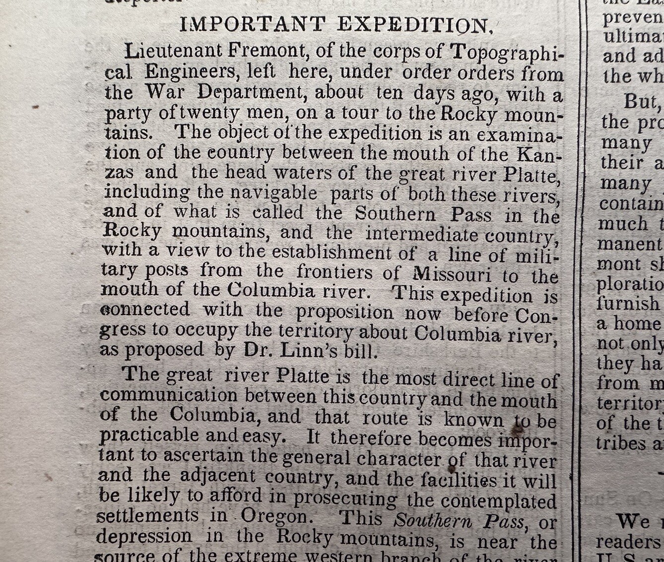 1842 John C. Charles Fremont South Southern Pass Expedition Newspaper