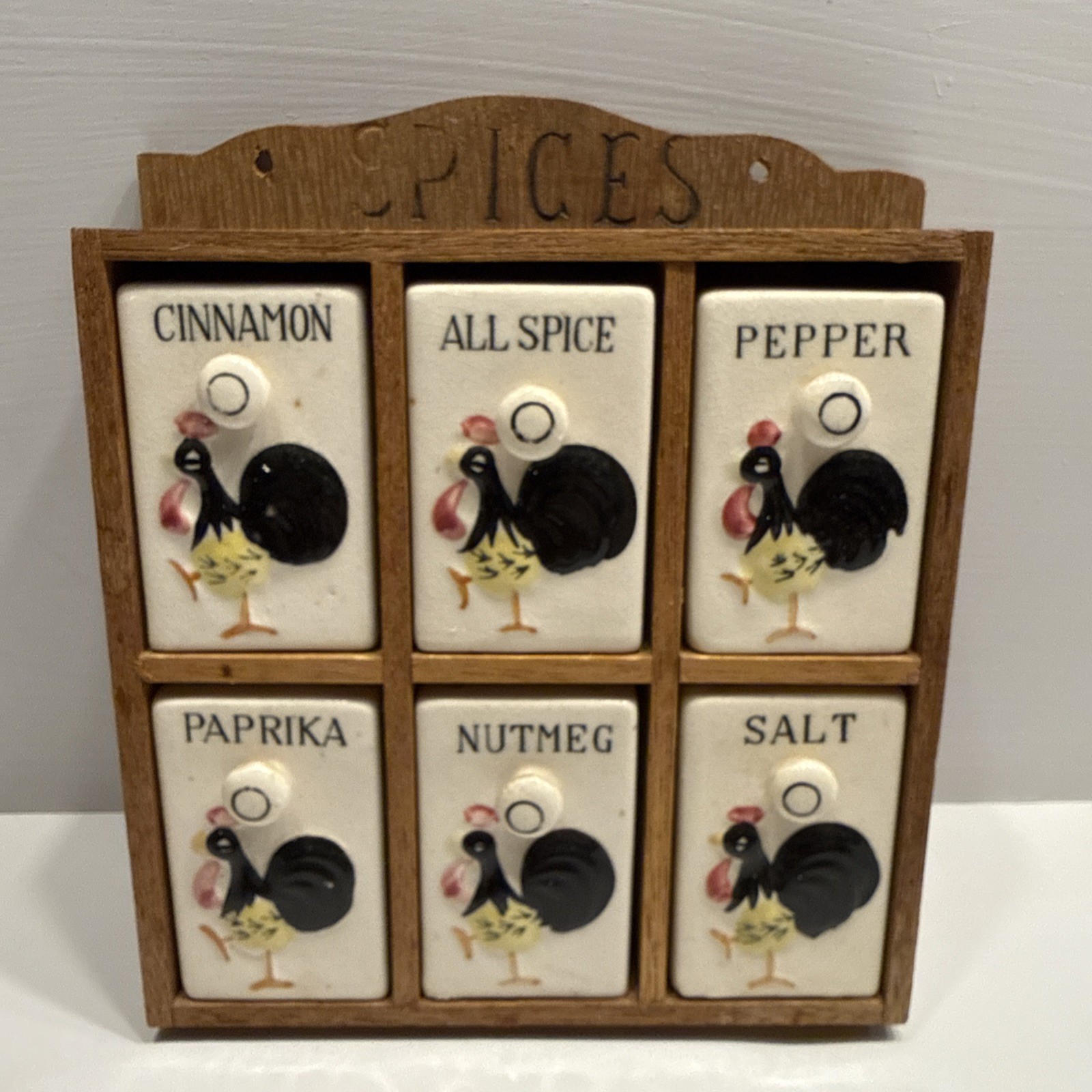 Spice Rack Vintage MCM 1950's Ceramic and Wood Roosters 6 Shakers