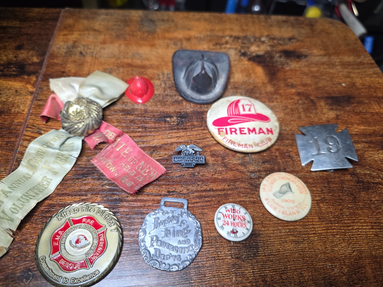Vintage Fire Fighting Memorabilia Ephemera. Metal Helmet, Pins, Challenge Coin