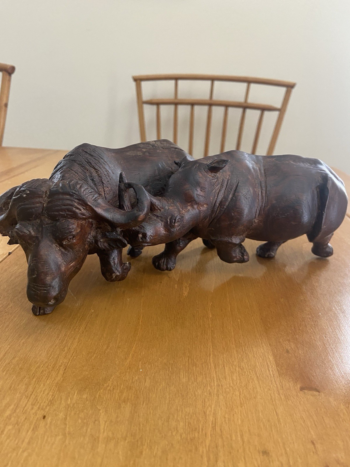Old African Carved One Piece Rhino,Taking Down Water Buffalo Carved Iron Wood Old African Carved One Piece Rhino,Taking Down Water Buffalo Carved Iron Wood