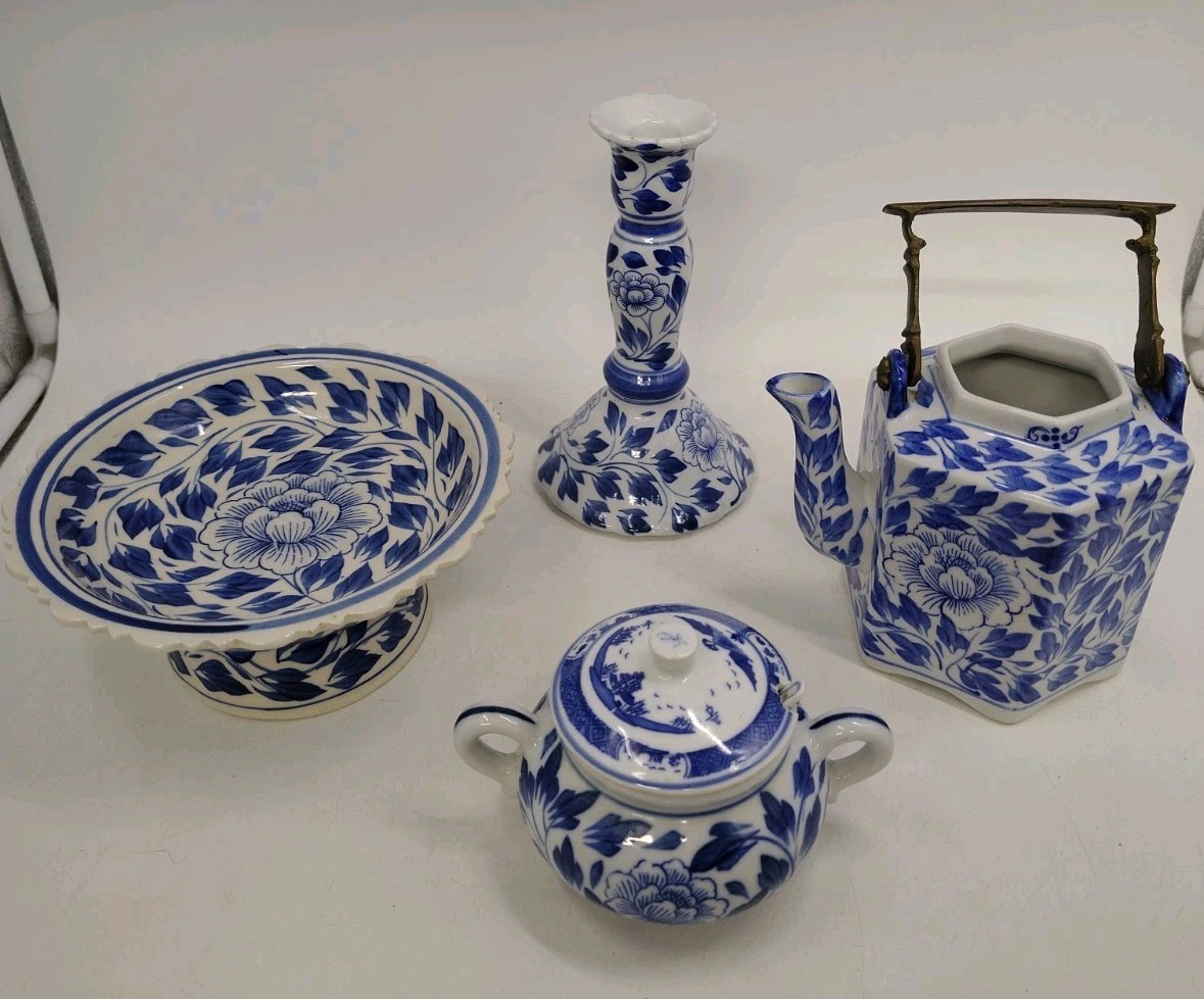Vintage Thailand Blue White Floral Porcelain Tea Set Brass Handle Teapot No Lid