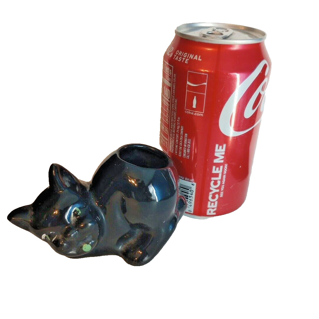 Vintage Small Black Cat Planter Ceramic Succulent Holder, Bud Vase EUC Unsigned 