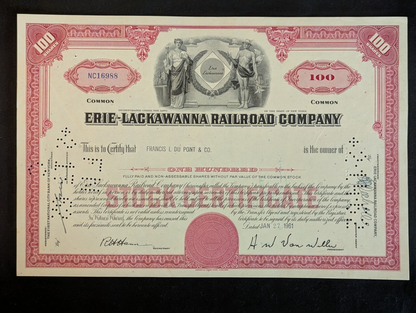 Erie Lackawanna Railroad Company Stock Certificate 1961 Cancelled 100 Shares