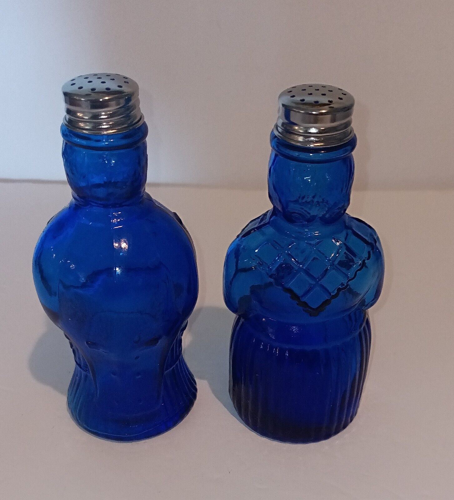 Rare Vintage Cobalt Blue Glass Woman and Man Salt and Pepper Shakers