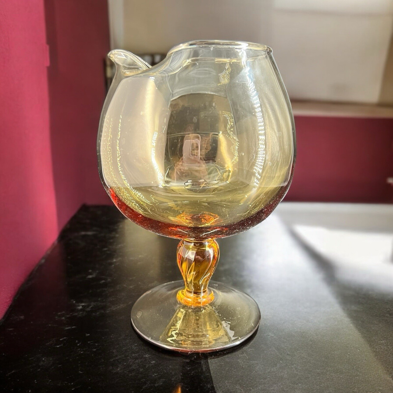 MCM Hand Blown Glass Brandy Snifter Vase Light Amber Twisted Pedestal Pour Spout
