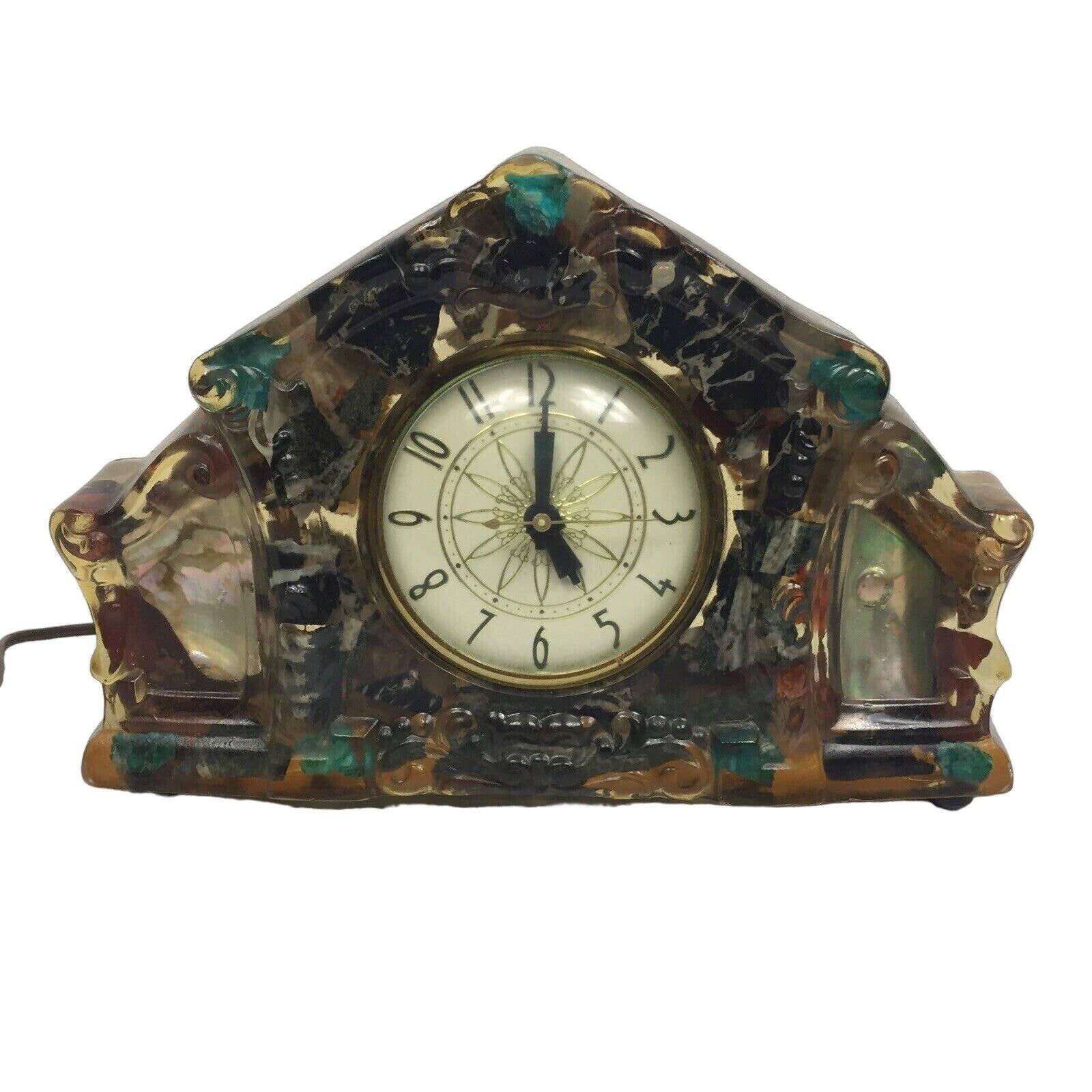 Vintage MCM Resin Vomit Clock Lanshire Natural Stone Mother Of Pearl Non Working