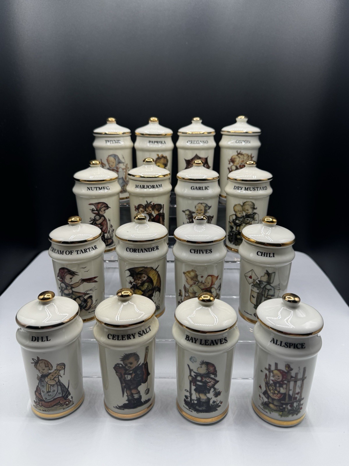 Vintage M J Hummel Danbury Mint Spice Jars Lot of 16 With Lids 1987 Gold Trim