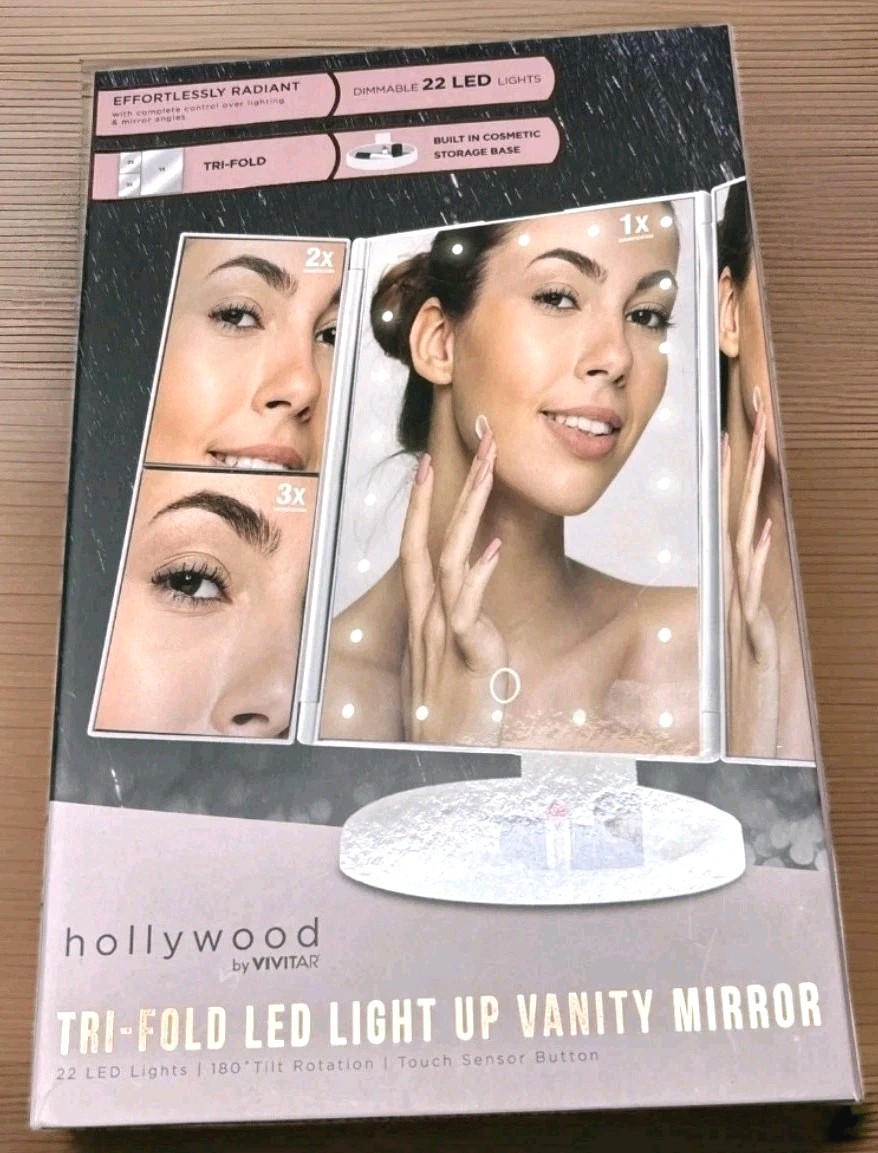 NEW Hollywood Vivitar Trifold LED Lightup Makeup/Vanity Mirror, White w/Storage