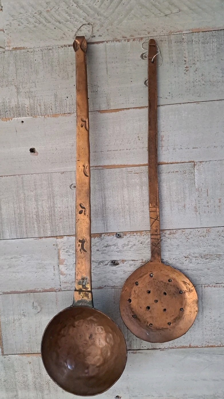 Vtg. French Hammered Copper Lg. 3/4 Cup LADLE and STRAINER Kitchen Tools