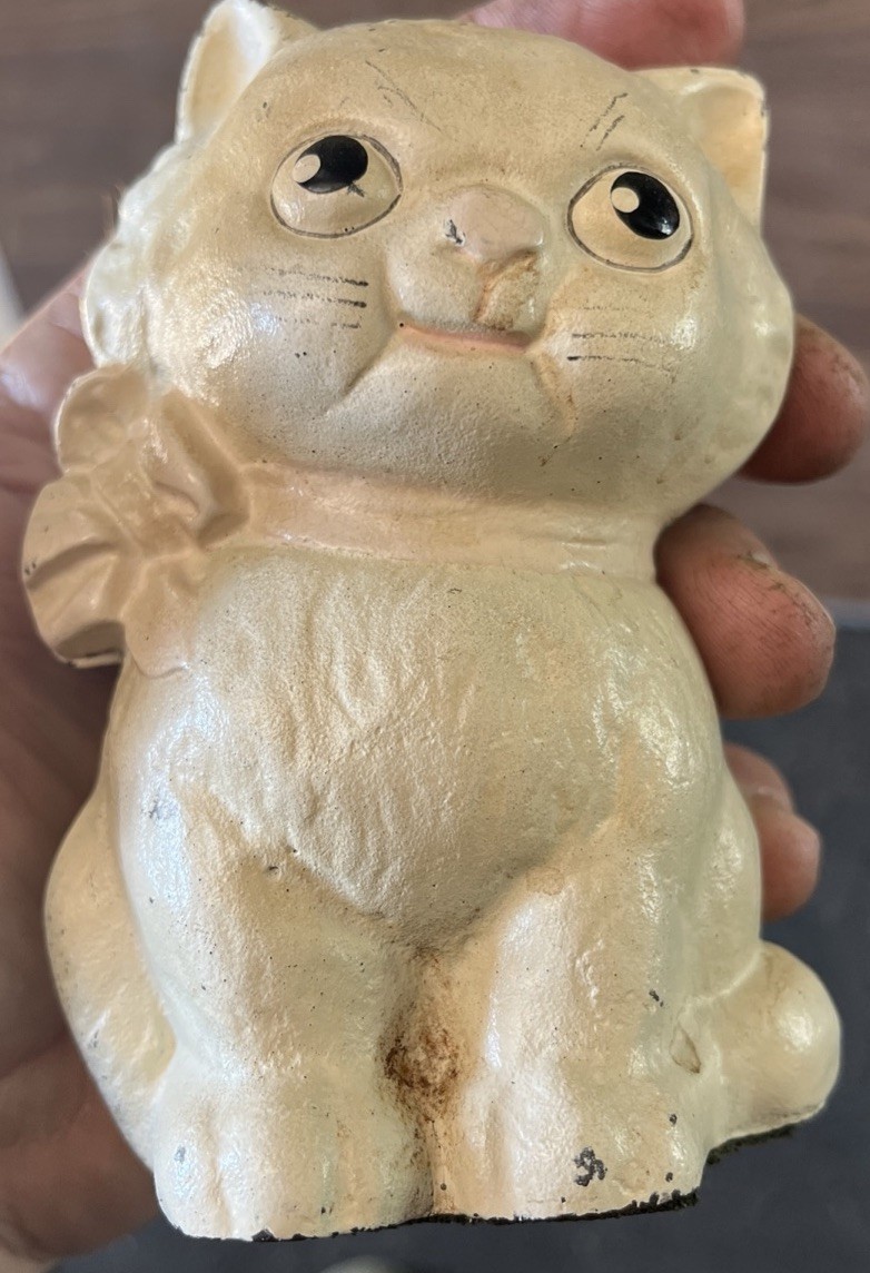Vintage Hubley Cast Iron Kitty Cat Piggy Bank Pink Bow