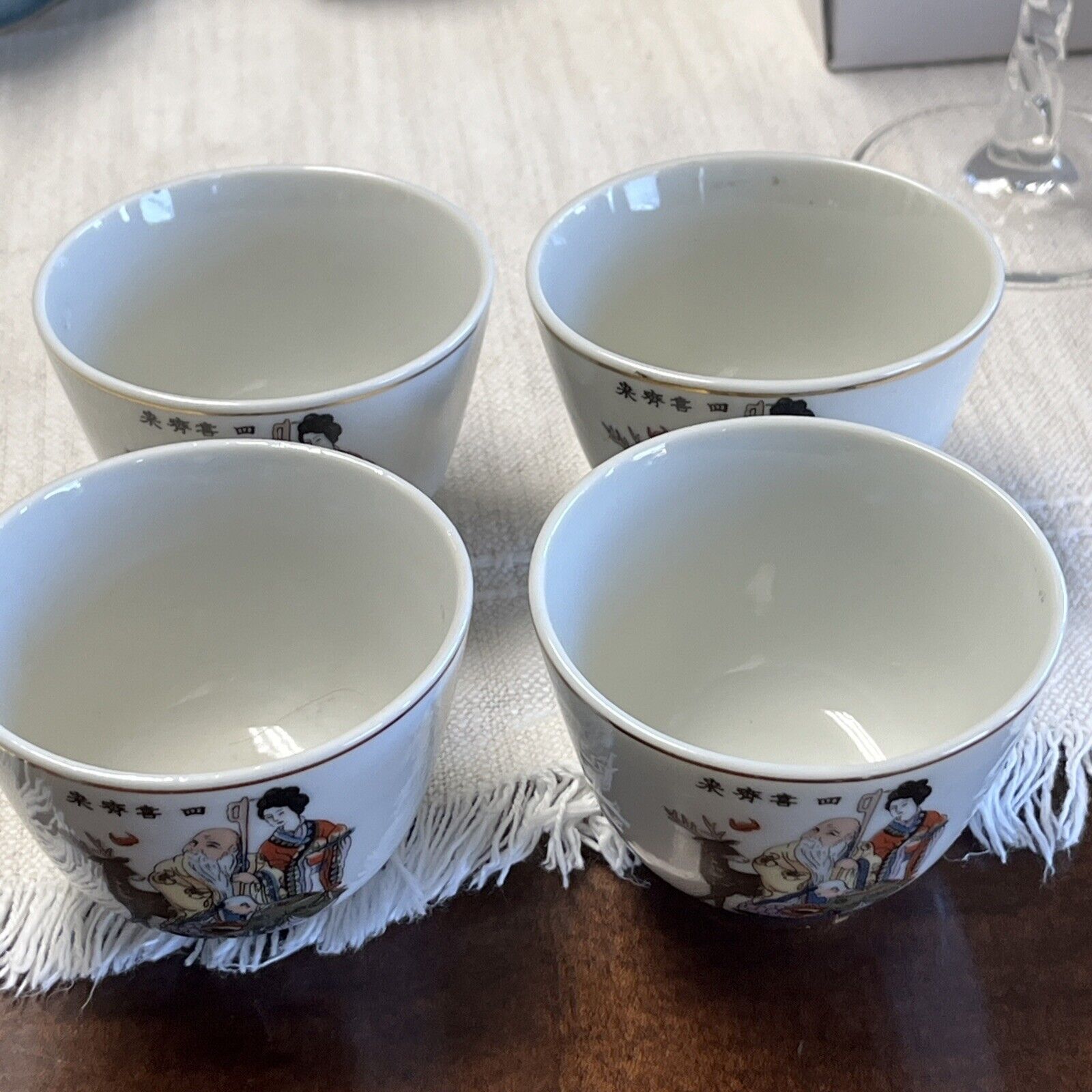 Vintage Golden China Picture Story Cup 4 Cups Geisha Girl Chinese Asian Accents
