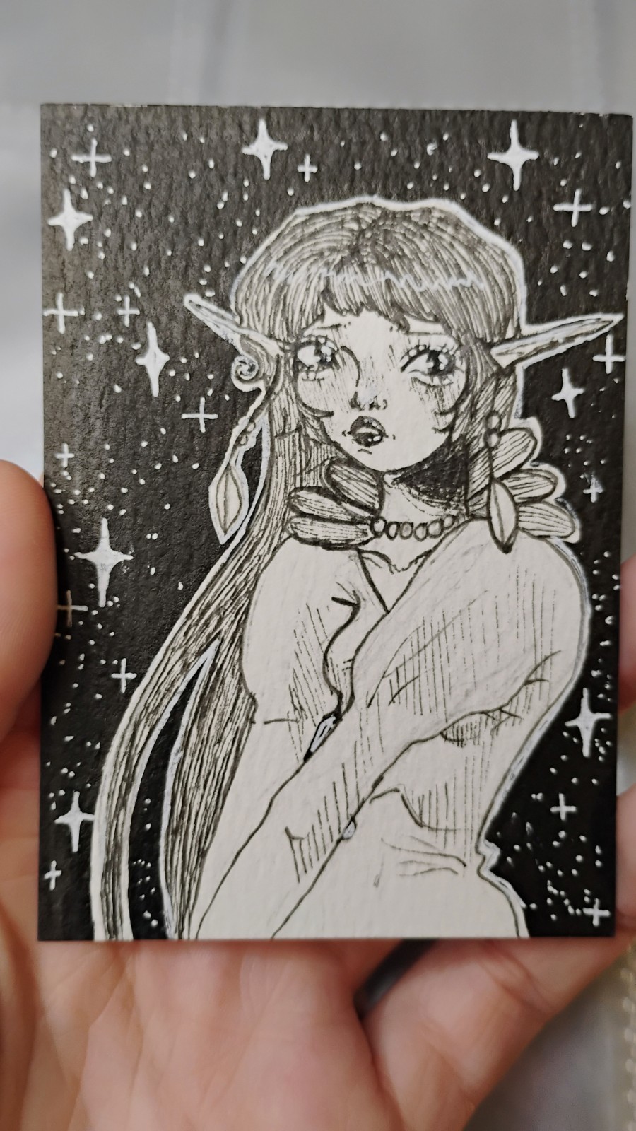 ACEO Original 2.5x3.5 Fantasy Starry Elf Woman Artist Trading Card Collectible