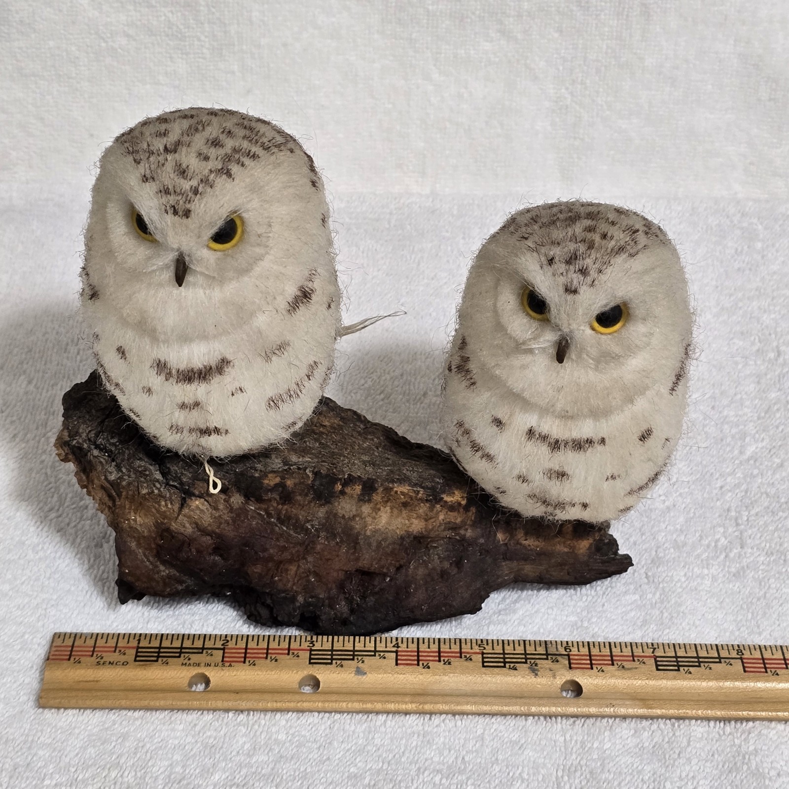 VTG Faux Taxidermy Snowy Owl Figurines Pair Woodland Decor Glass Eyes 1970s