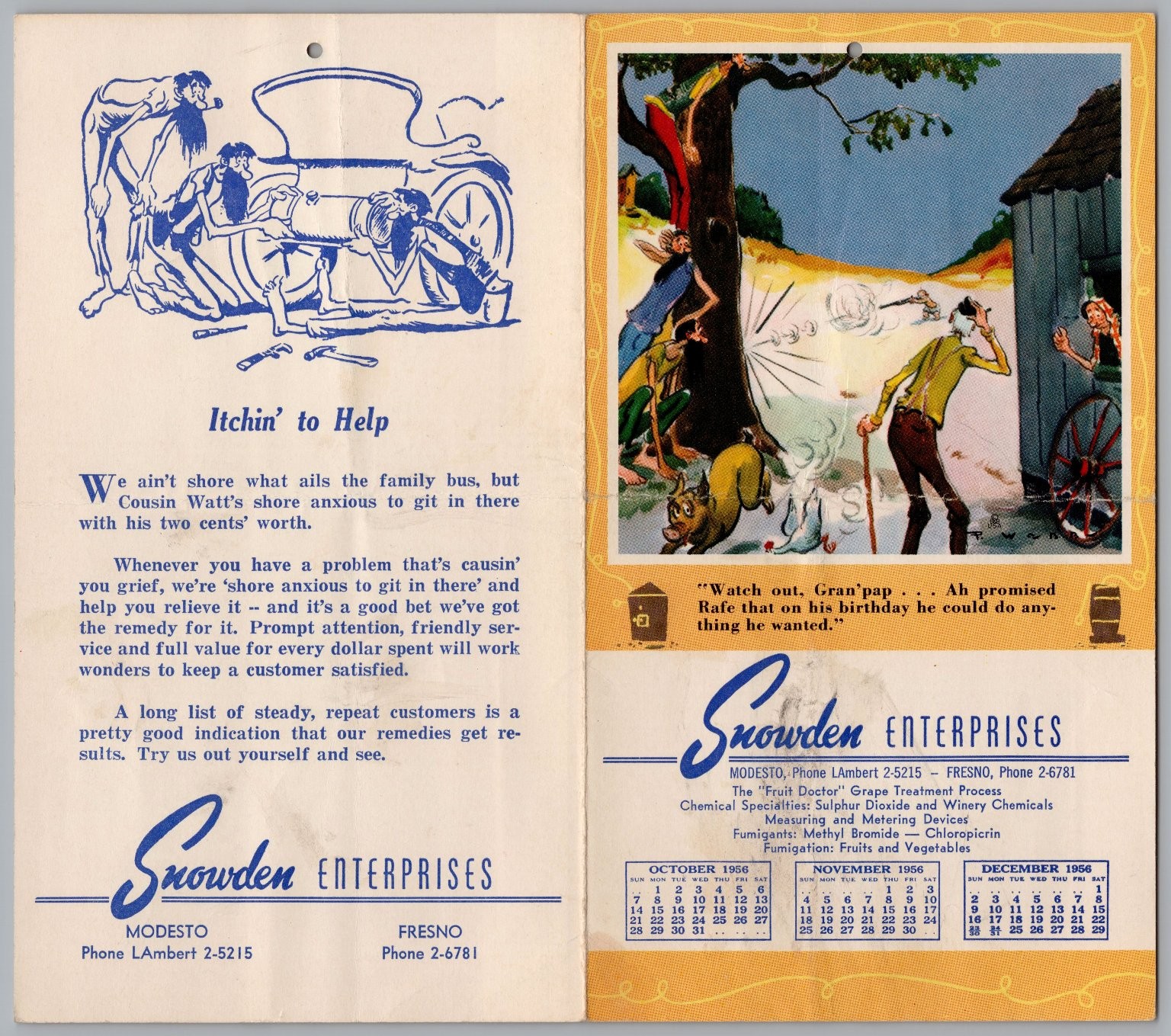 1955 Snowden Chemical Modesto CA Calendar Ad Paul Webb Mountain Boys Cartoon