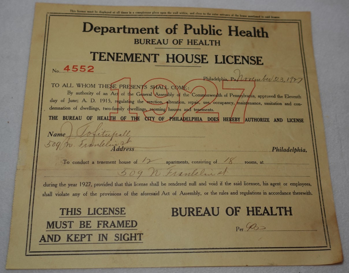 1927 Tenement House License Philadelphia Bureau of Health Rare Certificate