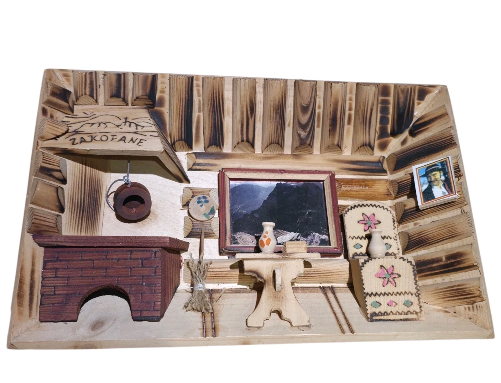 Vintage Zakopane Polish Folk Art 3D Wooden Diorama Shadow Box Cabin Kitchen Room