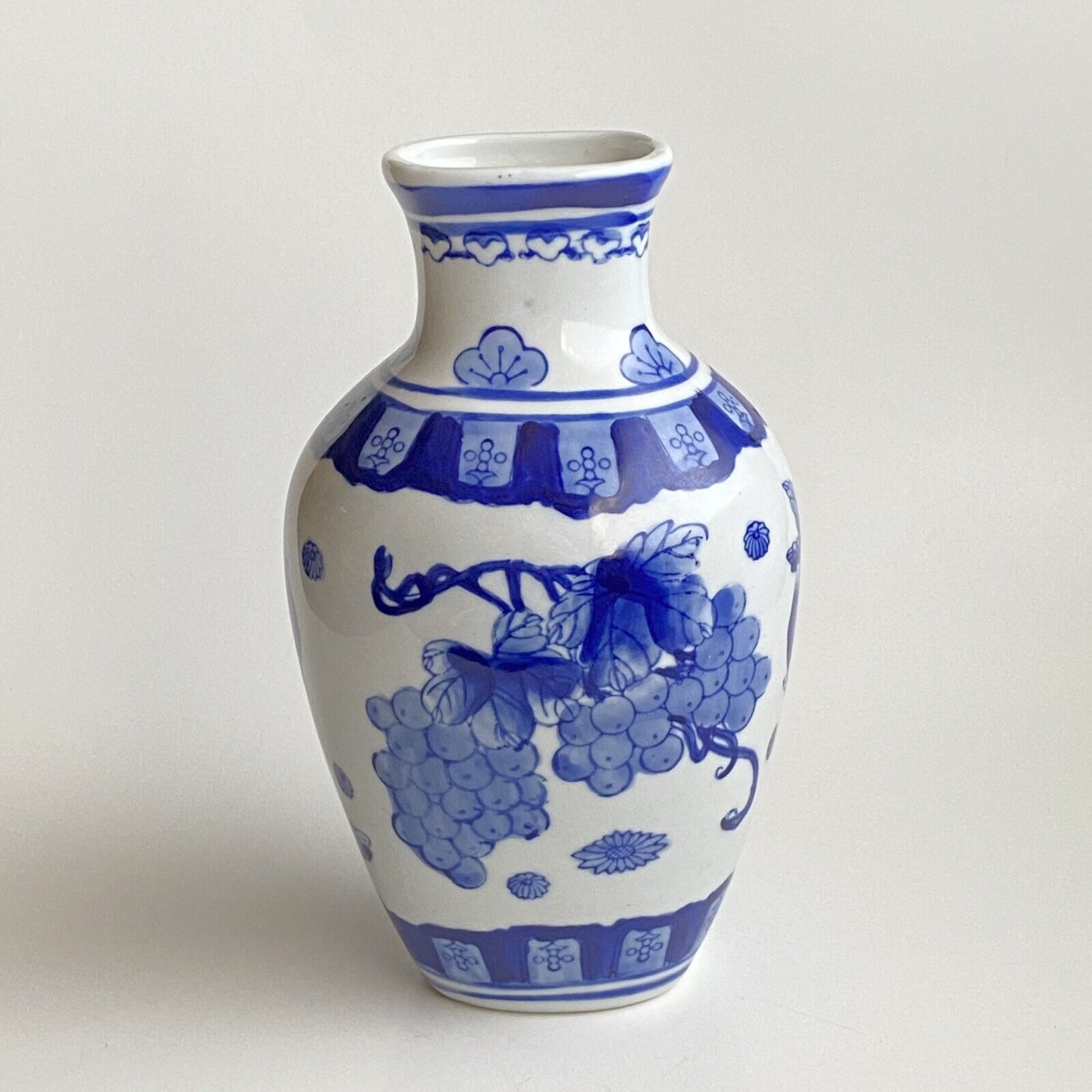 China Blue Vase 8” Seymour Mann White Fine Porcelain Floral Grapes