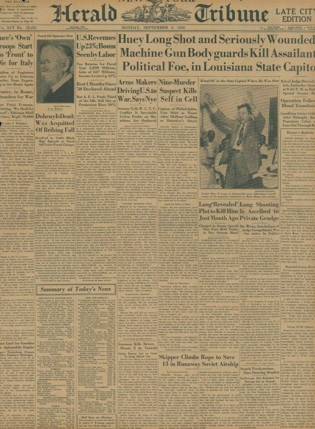 Senator Huey Long Kingfish Shot Given 50:50 Chance Carl Weiss September 9 1935 
