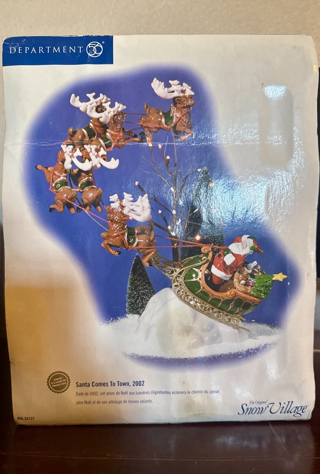 Department 56 Snow Village Santa Comes To Town 2002 Sleigh Reindeer Lights Ltd