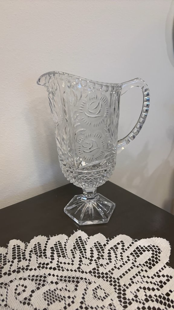 Vintage Cut Glass Pitcher with Floral Design