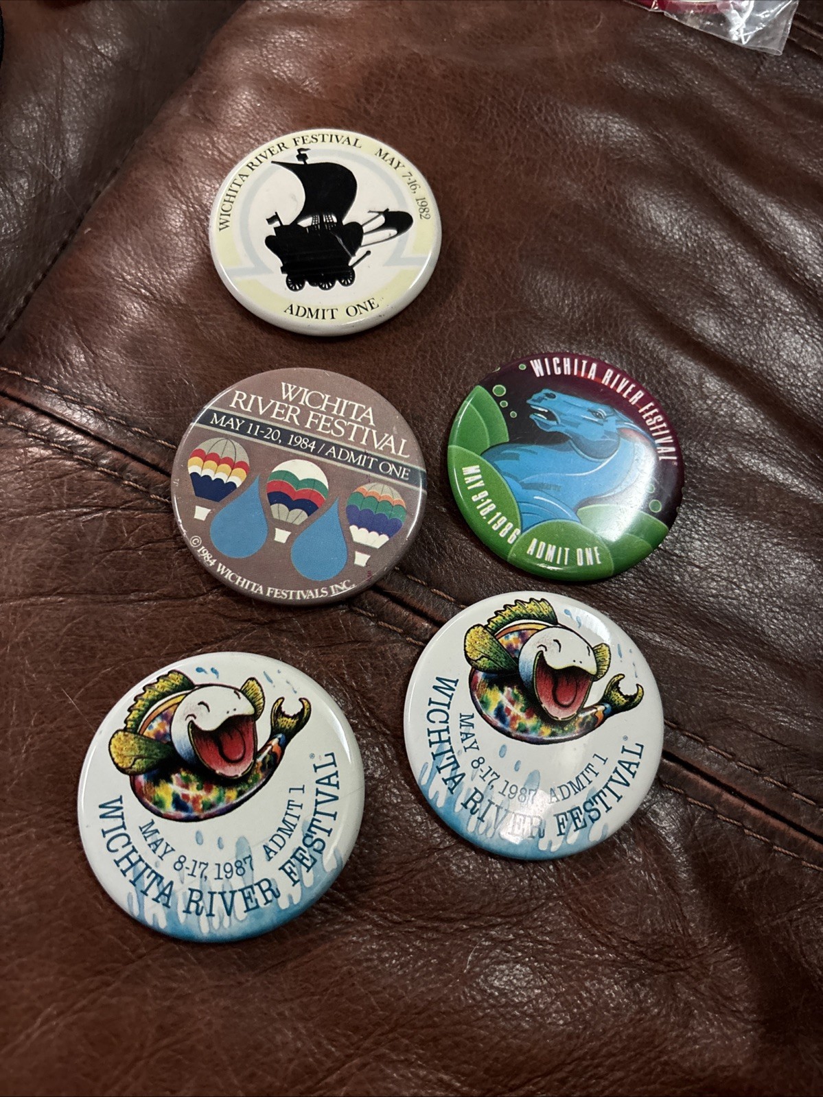 Lot Of 5 Vintage Wichita River Festival Buttons-1982-1984-1986-1987-(2)-EUC