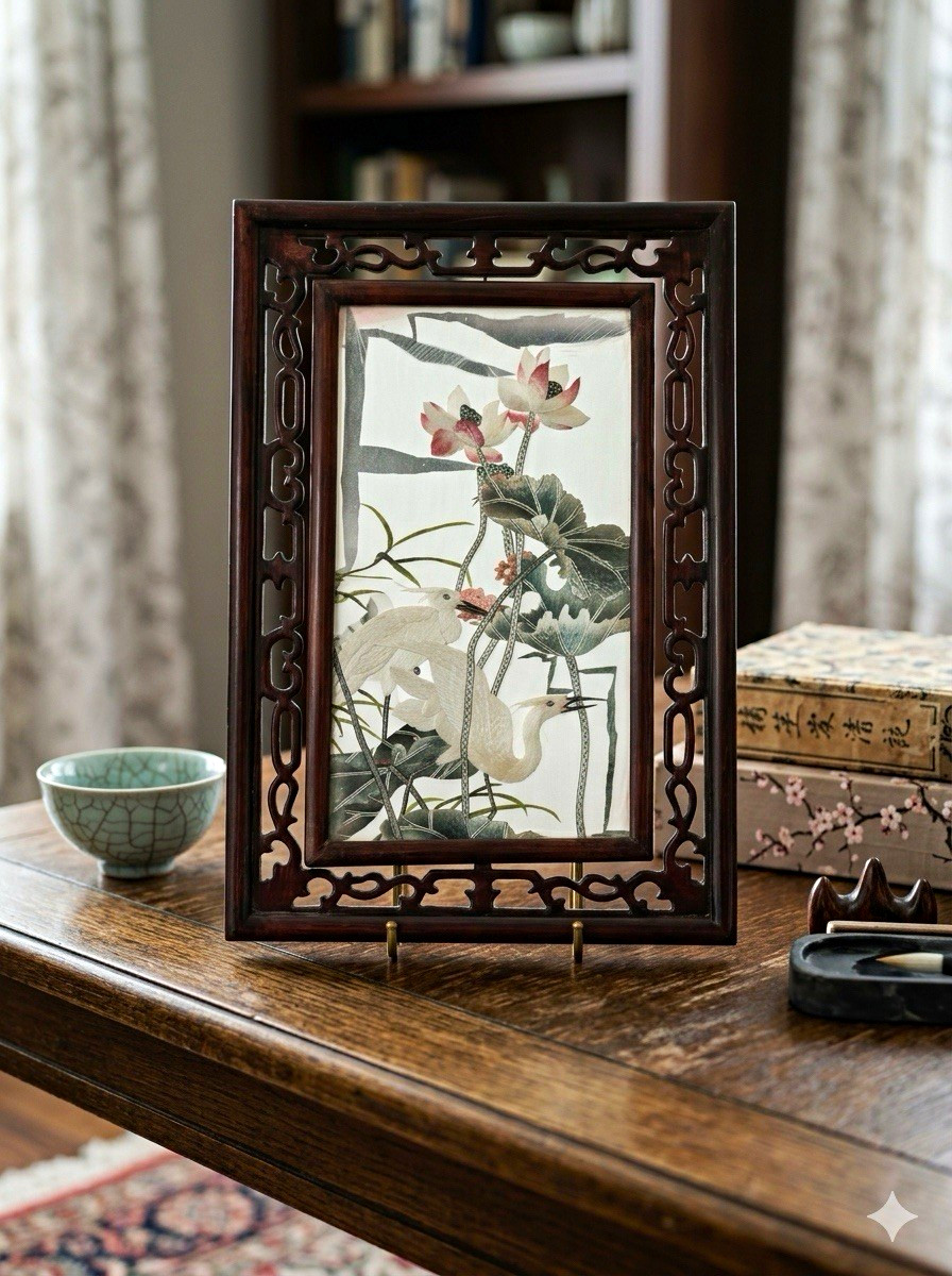 Chinese Framed Silk Embroidery Artwork Carved Wooden Frame Birds & Lotus
