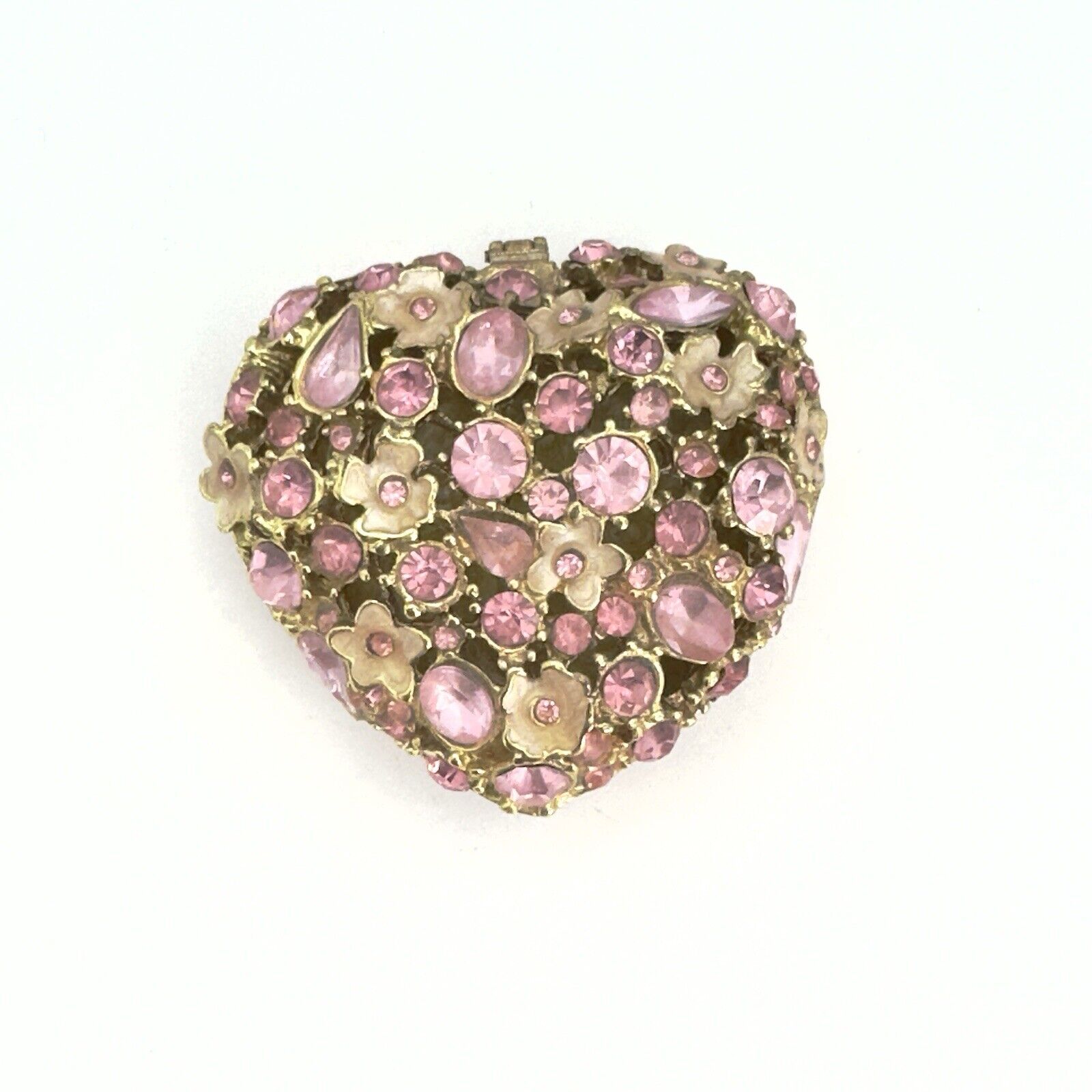 Trinket Box Heart Shaped Floral Pink Rhinestone Magnetic Closure Jewelry