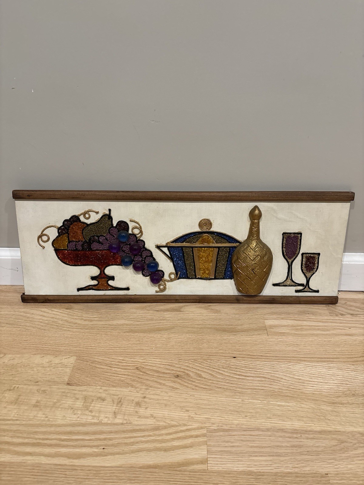 Vintage MCM Gravel Pebble Mosaic Wall Art Fruit Grapes Wine 1960s Kitchen Decor
