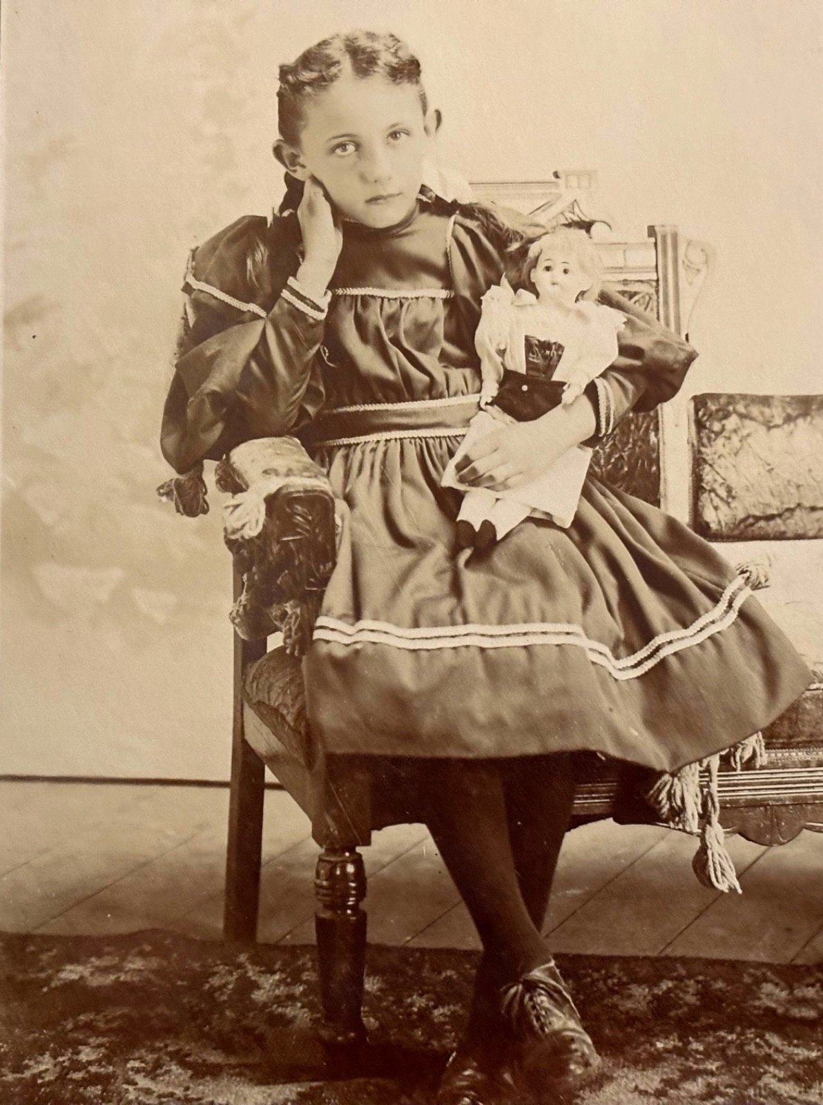 Antique Cabinet Card Impish Girl And Her Dolly Ohio c 1890