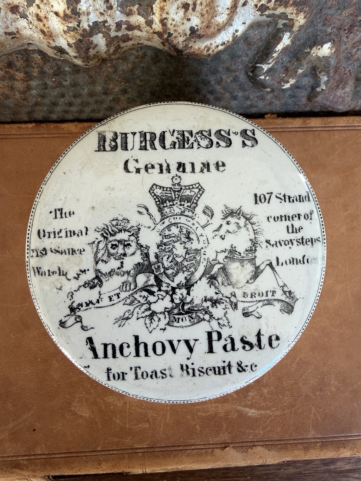 Antique English Ironstone Burgess’s Anchovy Paste Lidded Advertising Pot, c.1890