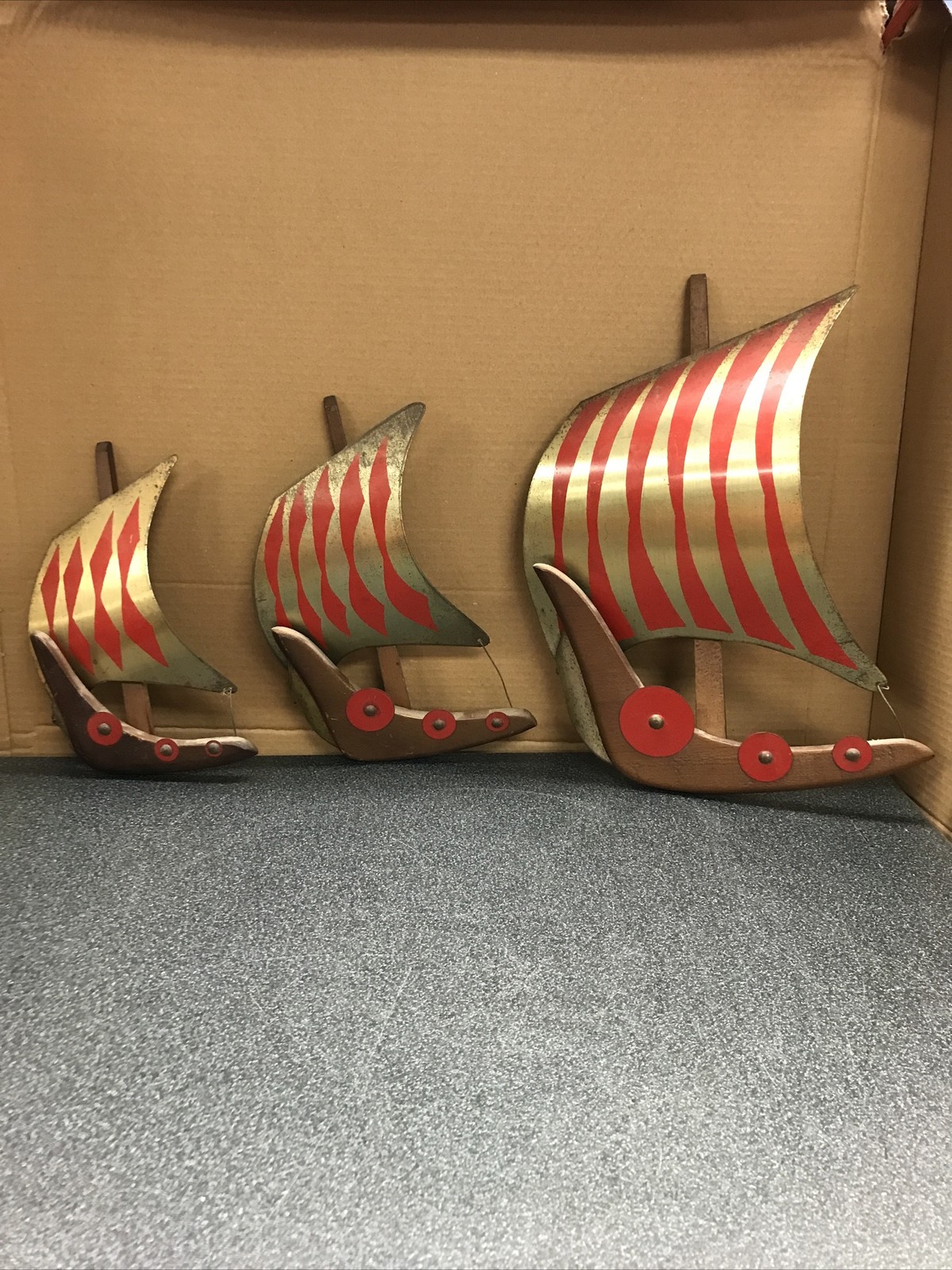 Vtg MCM Masketeers Schooner Viking Lot Of 3 Wall Ship Boats, 14.5”, 11”, 9.5” H