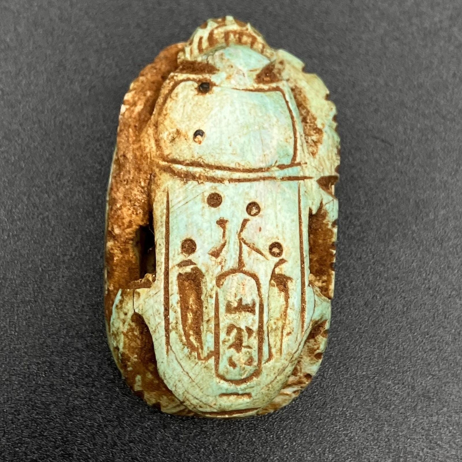 Vintage Egyptian Scarab Beetle Amulet Faience Hieroglyphics Faded Blue 1.8