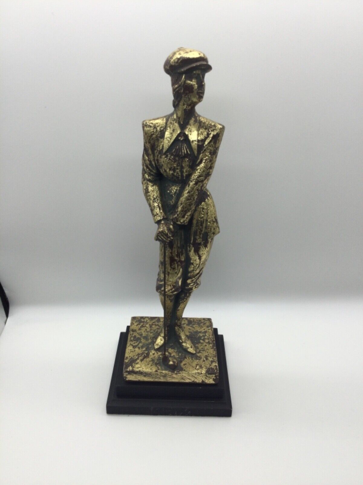 15” vintage woman golfer traditional brass country 1920s figurine gold bronze