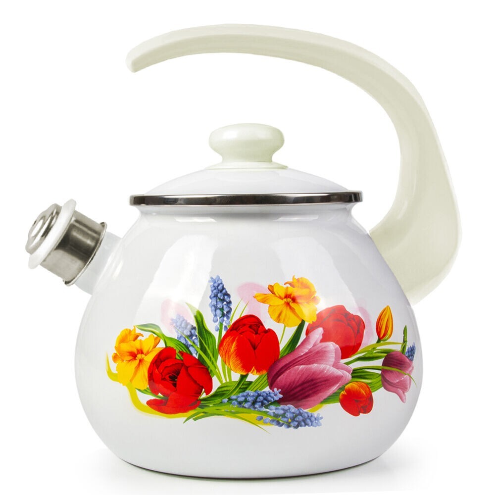 2.7 qt Novomoskovsk Tulip Enamel Kettle with Whistle Vintage Enameled Teapot