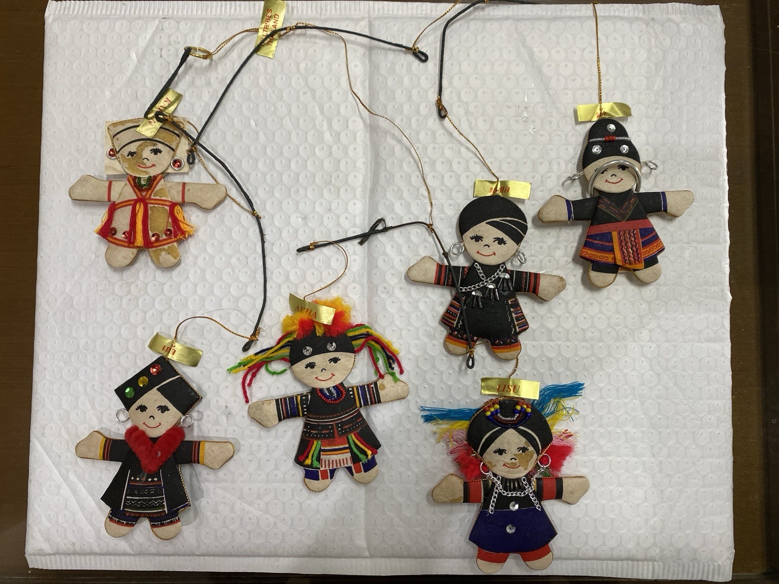 Vintage 1990s Thai Hill Tribe Hanging Mobile 6 Folk Art Dolls Karen Akha Hmong⁠