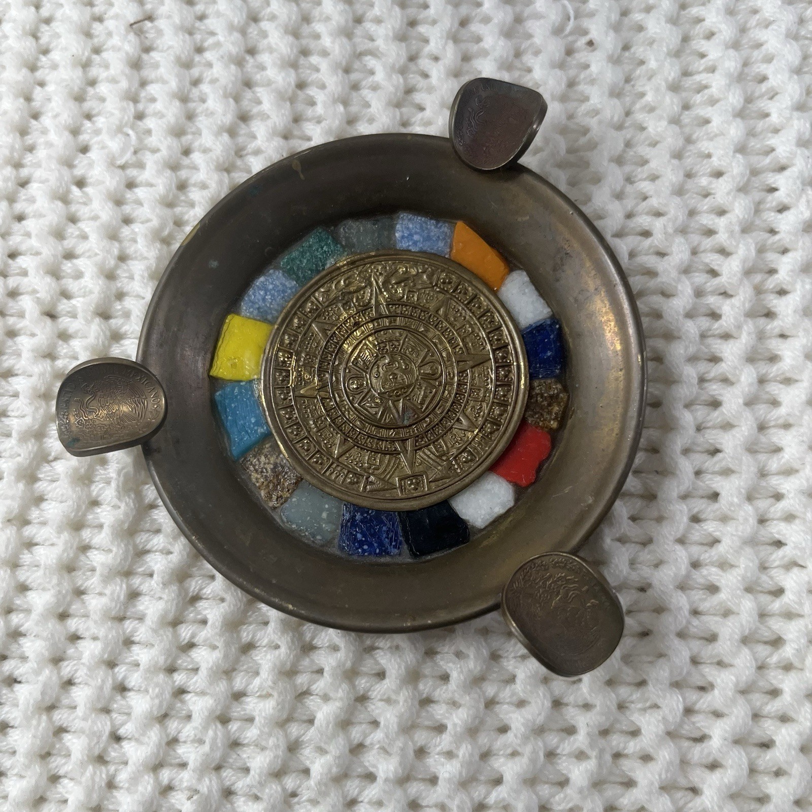 Mexican Mayan Calendar Brass Ashtray With Inlaid Stones Vintage