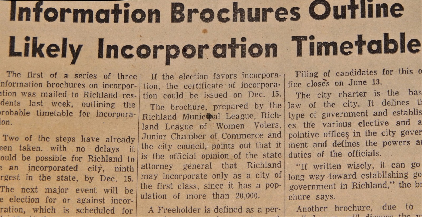 Vintage Advertisement, RICHLAND, WA, 1958, City Of Richland To Be Incorporated