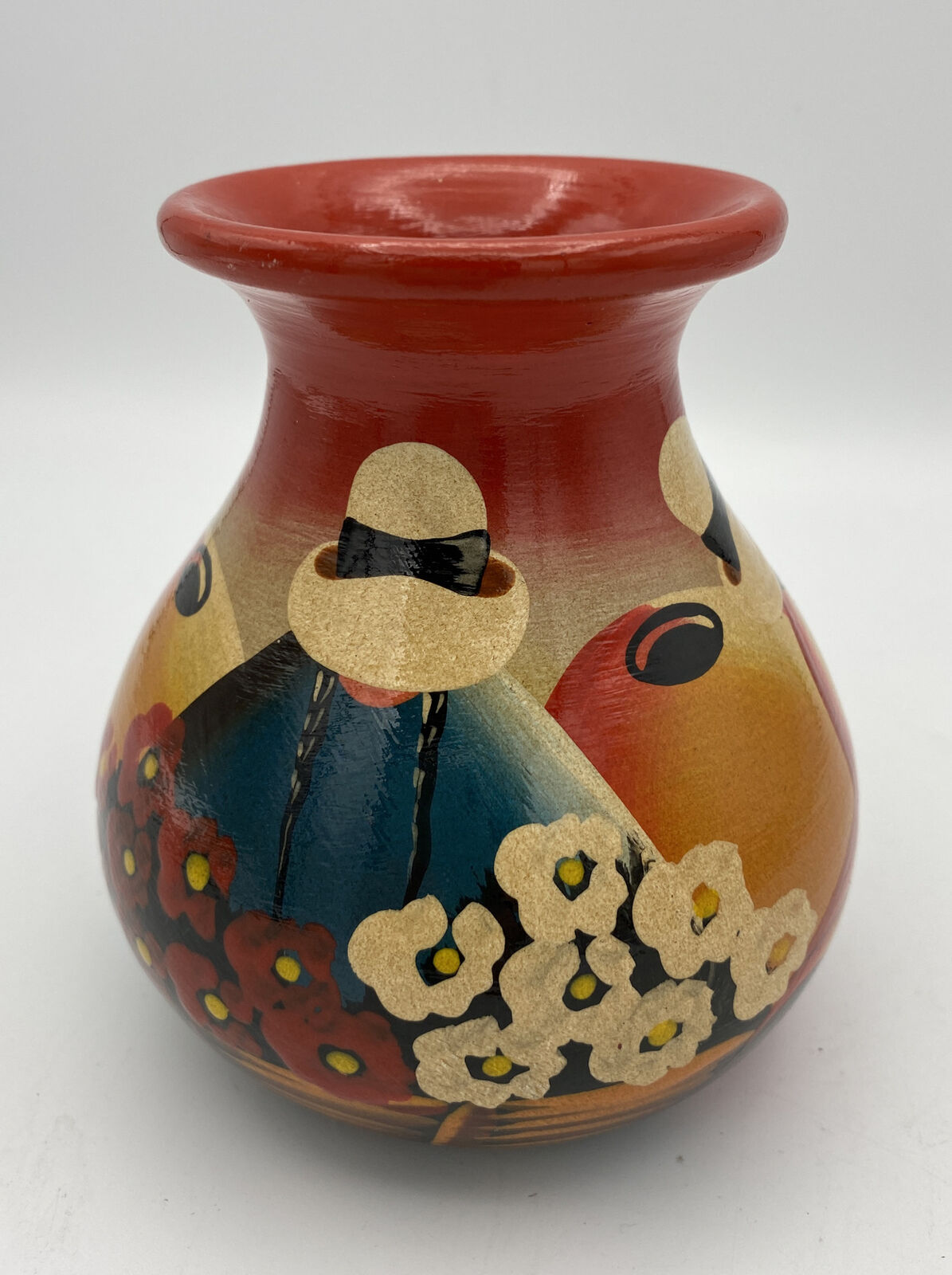 High Gloss Painted Colorful Red Black Small Vase Unmarked About 5” Tall