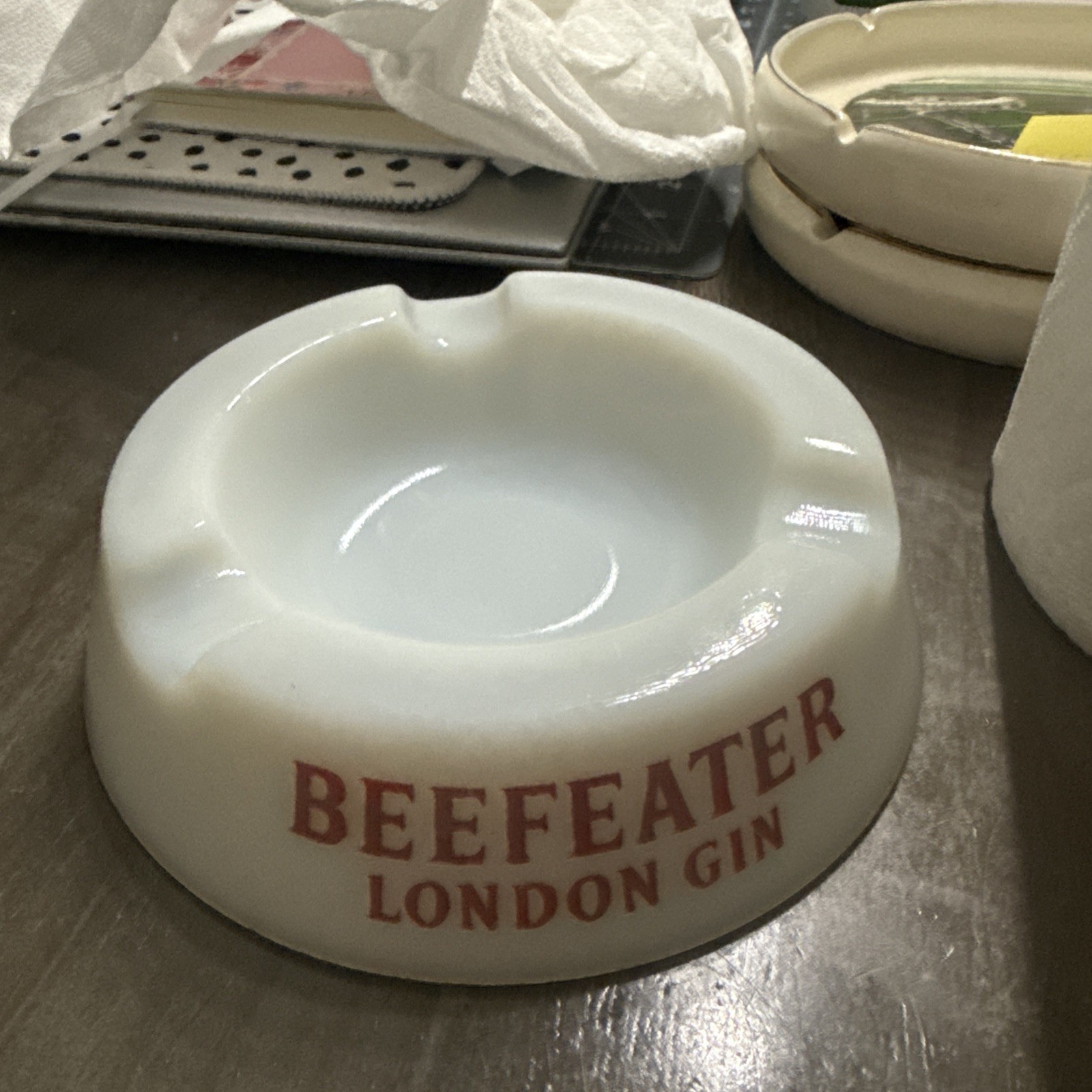 Vintage white Glass Ashtray Wade Nazeing Regicor Beefeater London Gin