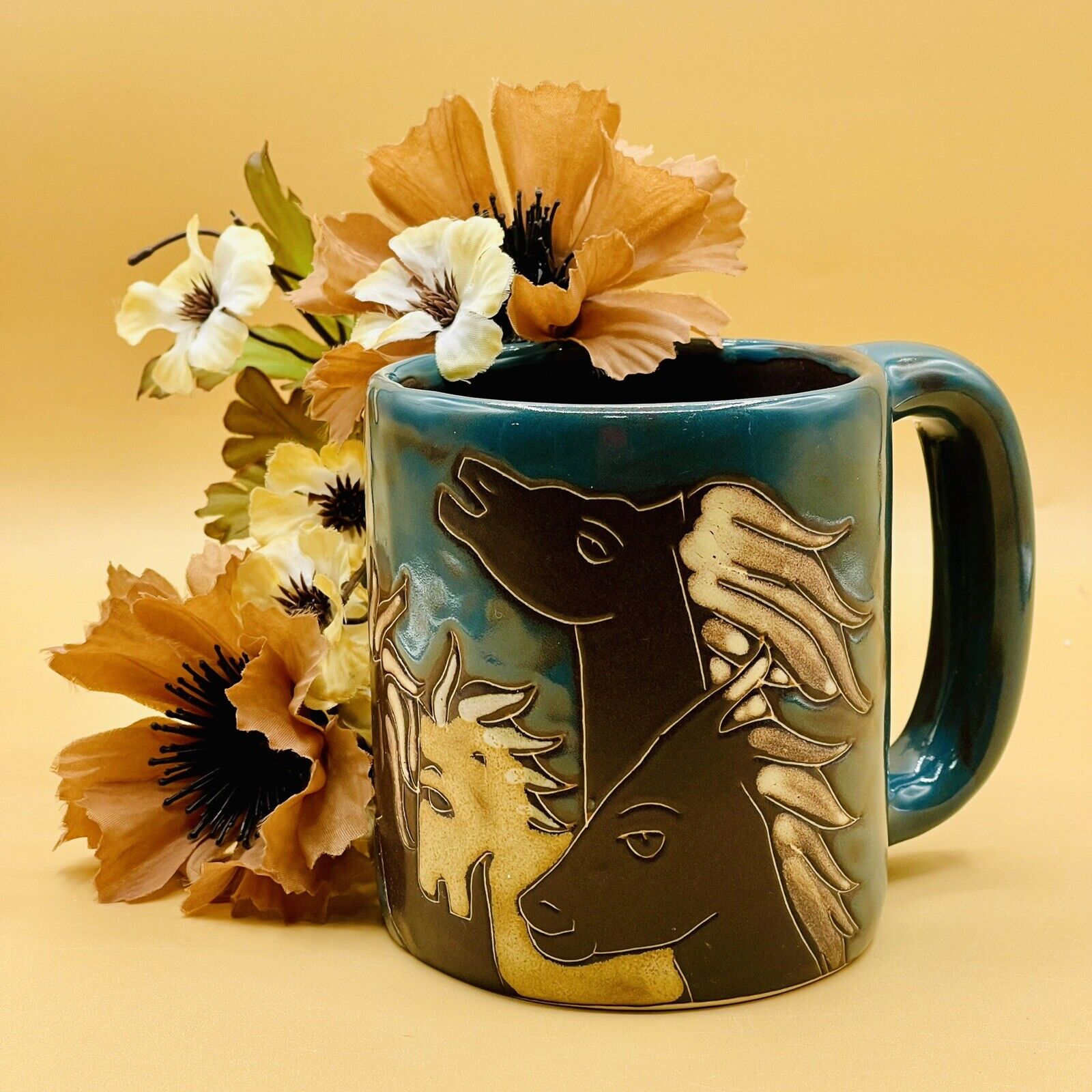 DESIGN BY MARA Wild Horses Large Coffee Mug Mexican Art Pottery