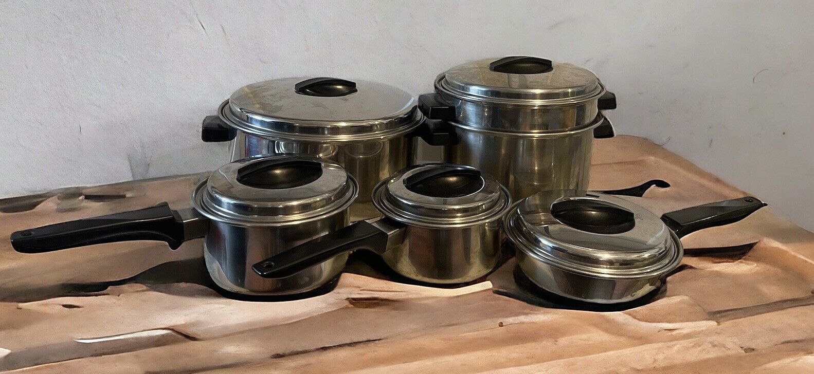 VTG Flint Ekco Stainless Steel Pan Set 1, 1.5, 4, 6 Quart, 7” Skillet & Lids