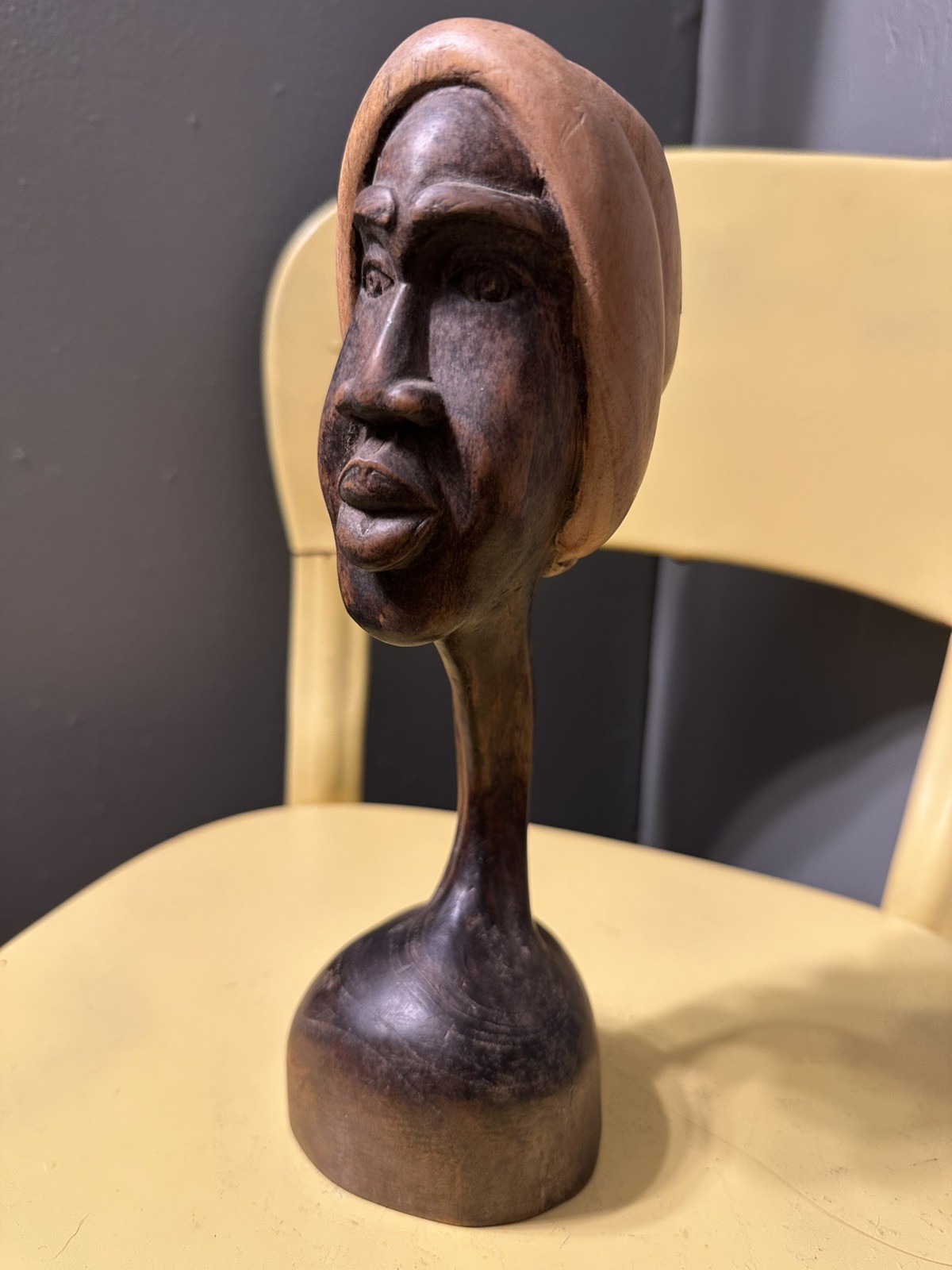 Hand Carved African Style Wood Bust Sculpture Headwrap Folk Art 10.5”