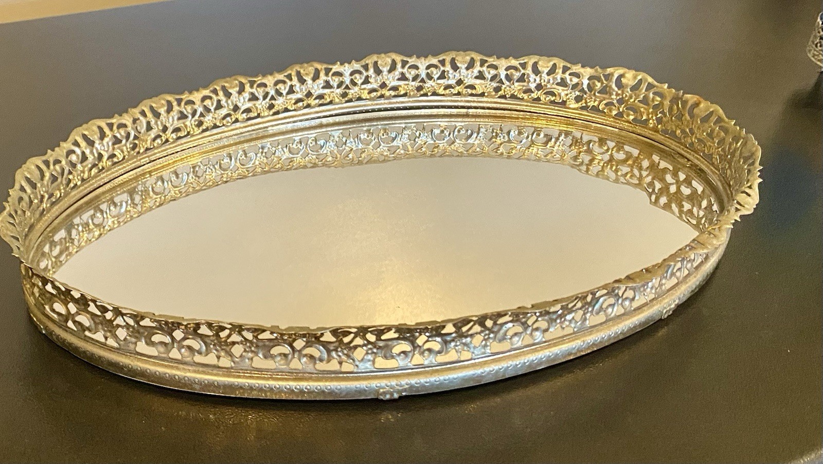 Vintage Oval Mirrored Vanity Perfume Tray Gold Tone Filigree 13.5” Regency