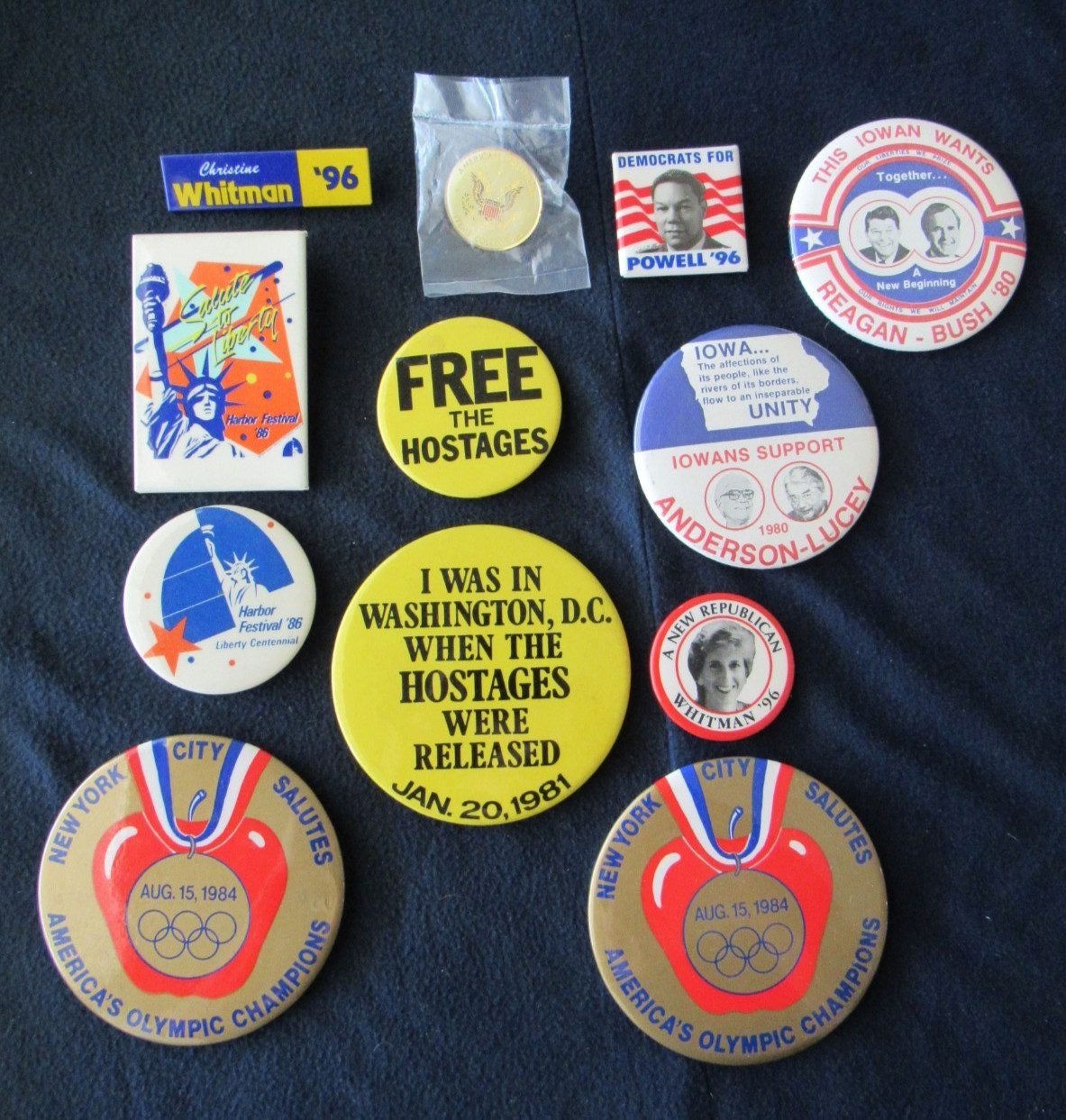 LOT OF VINTAGE POLITICAL BUTTONS, HOSTAGE RELEASE & OLYMPIC CHAMPS, HARBOR FEST LOT OF VINTAGE POLITICAL BUTTONS, HOSTAGE RELEASE & OLYMPIC CHAMPS, HARBOR FEST