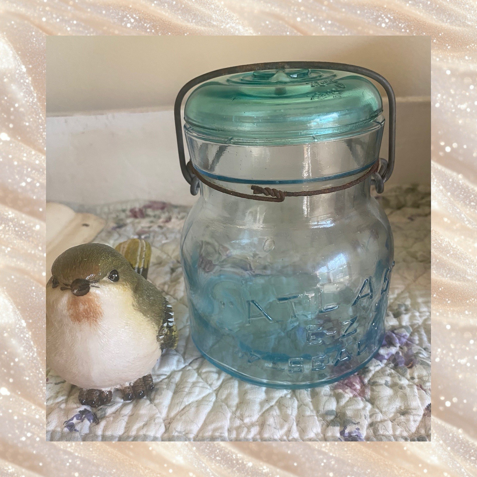 Vintage Atlas E-Z Seal Aqua Blue Glass Bail Top Jar Wire Handle Lid
