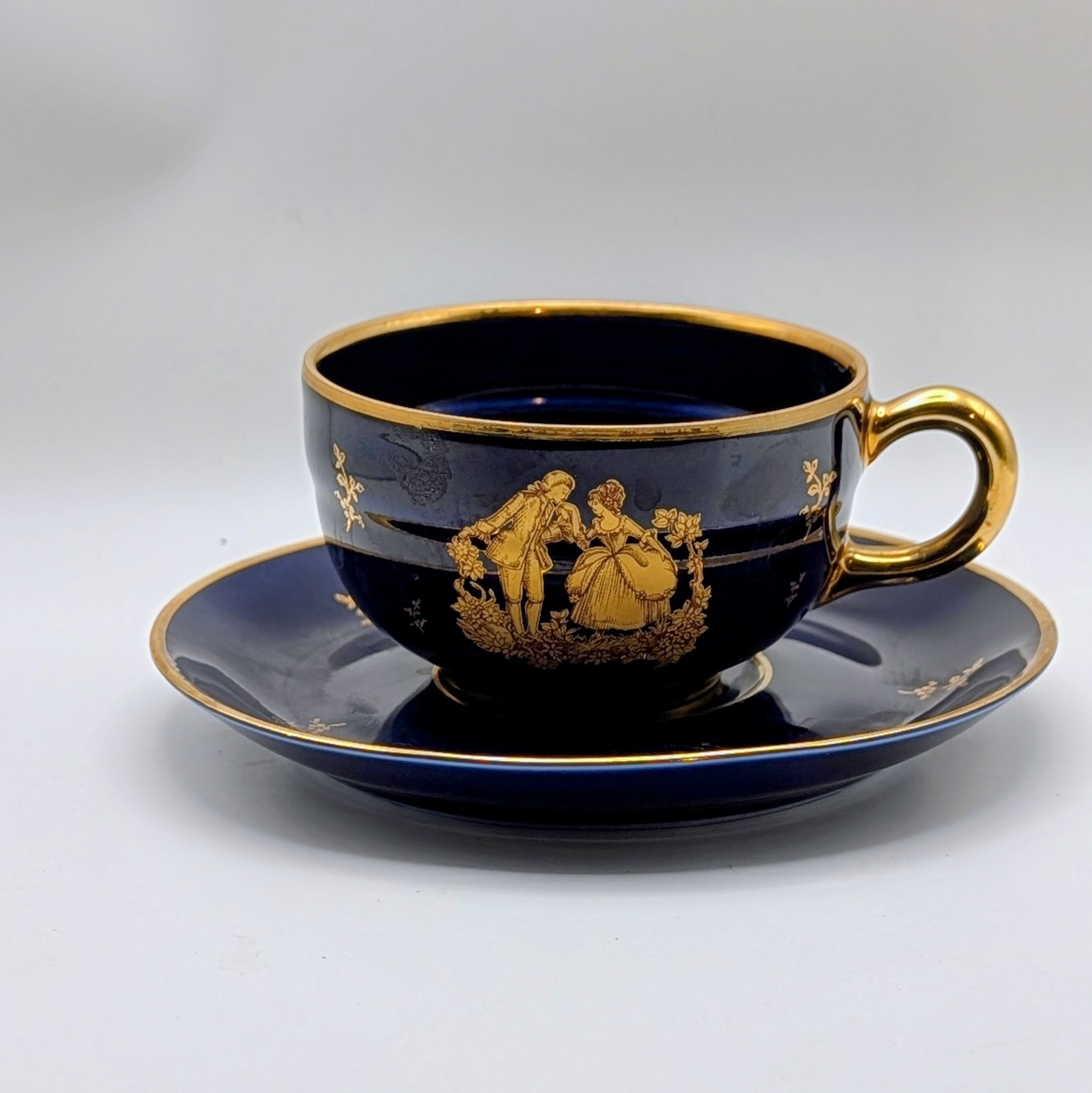Vintage Limoges  Cobalt Blue  Gold Teacup & Saucer Courting Couple France